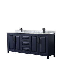 Wyndham Daria 80 Inch Double Bathroom Vanity White Carrara Marble Countertop with Undermount Square Sinks in Matte Black Trim - Luxe Bathroom Vanities