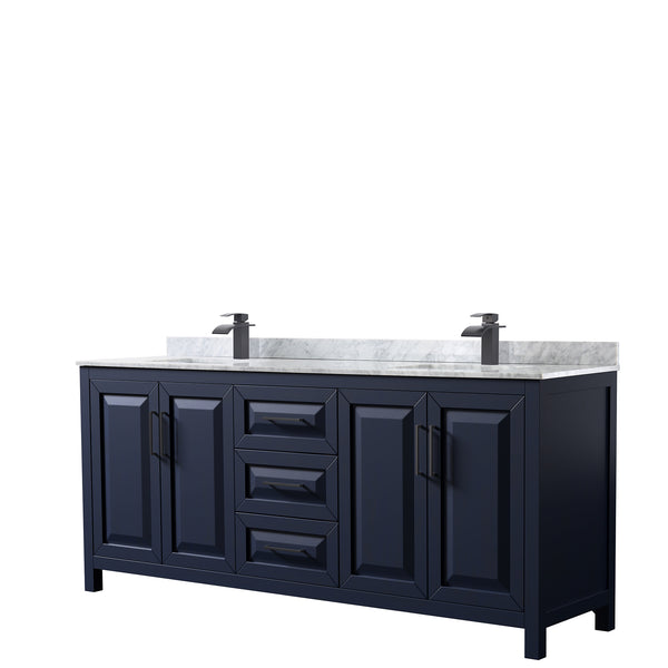 Wyndham Daria 80 Inch Double Bathroom Vanity White Carrara Marble Countertop with Undermount Square Sinks in Matte Black Trim - Luxe Bathroom Vanities