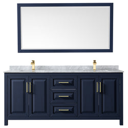 80 Inch Double Bathroom Vanity in Dark Blue, White Carrara Marble Countertop, Undermount Square Sinks, 70 Inch Mirror - Luxe Bathroom Vanities Luxury Bathroom Fixtures Bathroom Furniture