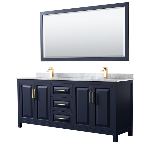 80 Inch Double Bathroom Vanity in Dark Blue, White Carrara Marble Countertop, Undermount Square Sinks, 70 Inch Mirror - Luxe Bathroom Vanities Luxury Bathroom Fixtures Bathroom Furniture