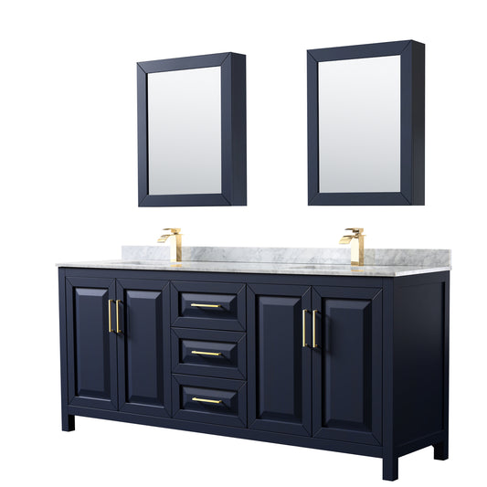 80 Inch Double Bathroom Vanity in Dark Blue, White Carrara Marble Countertop, Undermount Square Sinks, Medicine Cabinets - Luxe Bathroom Vanities Luxury Bathroom Fixtures Bathroom Furniture