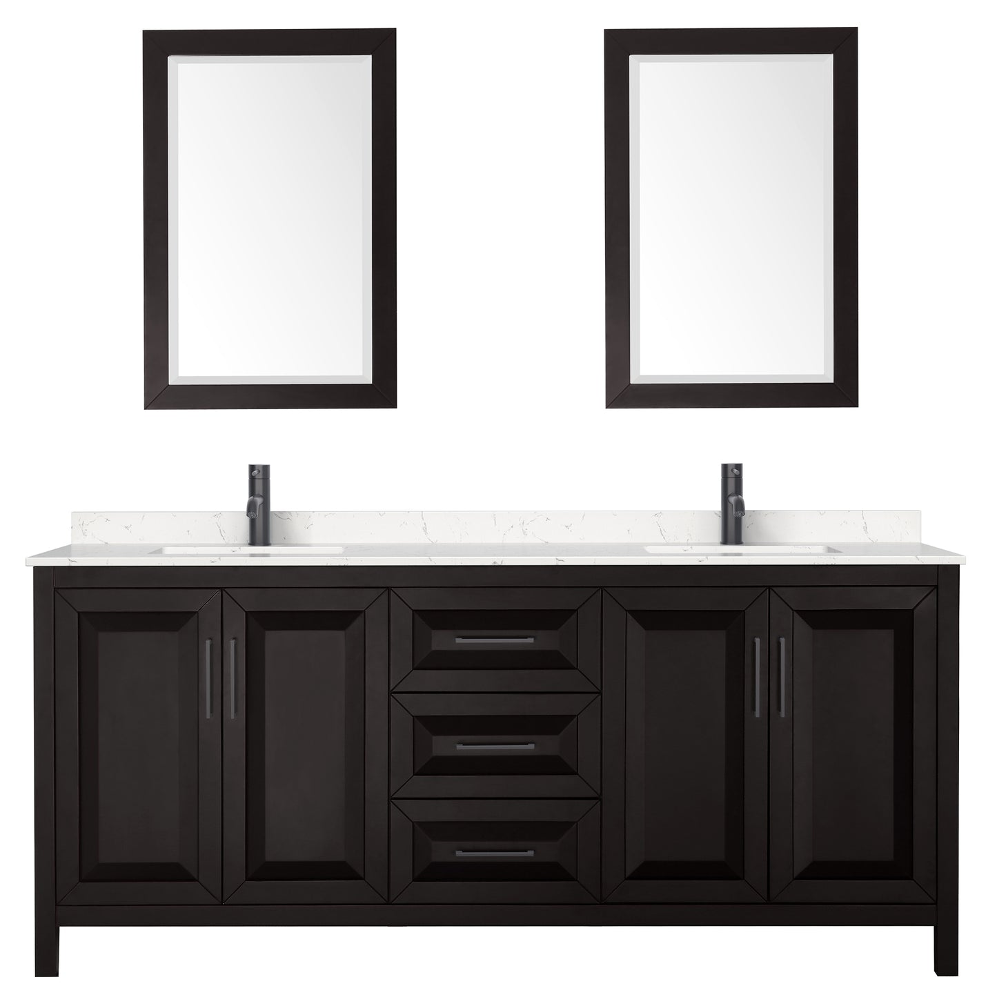 Wyndham Daria 80 Inch Double Bathroom Vanity Light-Vein Carrara Cultured Marble Countertop, Undermount Square Sinks in Matte Black Trim with 24 Inch Mirrors - Luxe Bathroom Vanities