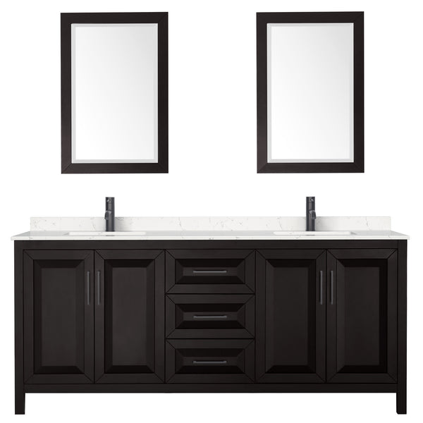 Wyndham Daria 80 Inch Double Bathroom Vanity Light-Vein Carrara Cultured Marble Countertop, Undermount Square Sinks in Matte Black Trim with 24 Inch Mirrors - Luxe Bathroom Vanities