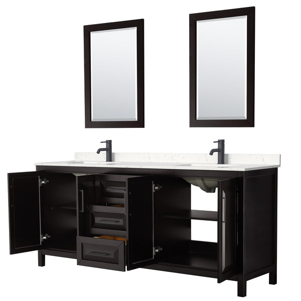 Wyndham Daria 80 Inch Double Bathroom Vanity Light-Vein Carrara Cultured Marble Countertop, Undermount Square Sinks in Matte Black Trim with 24 Inch Mirrors - Luxe Bathroom Vanities