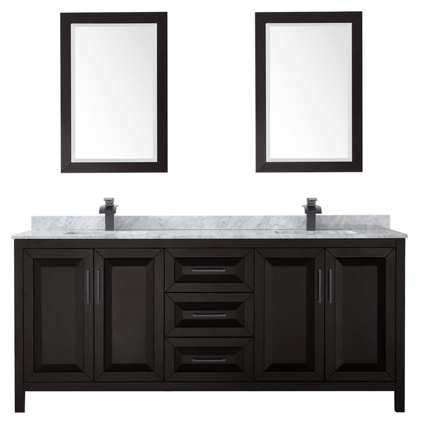 Wyndham Daria 80 Inch Double Bathroom Vanity White Carrara Marble Countertop, Undermount Square Sinks in Matte Black Trim with 24 Inch Mirrors - Luxe Bathroom Vanities