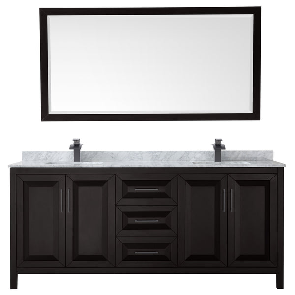 Wyndham Daria 80 Inch Double Bathroom Vanity White Carrara Marble Countertop, Undermount Square Sinks in Matte Black Trim with 70 Inch Mirror - Luxe Bathroom Vanities