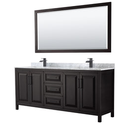 Wyndham Daria 80 Inch Double Bathroom Vanity White Carrara Marble Countertop, Undermount Square Sinks in Matte Black Trim with 70 Inch Mirror - Luxe Bathroom Vanities