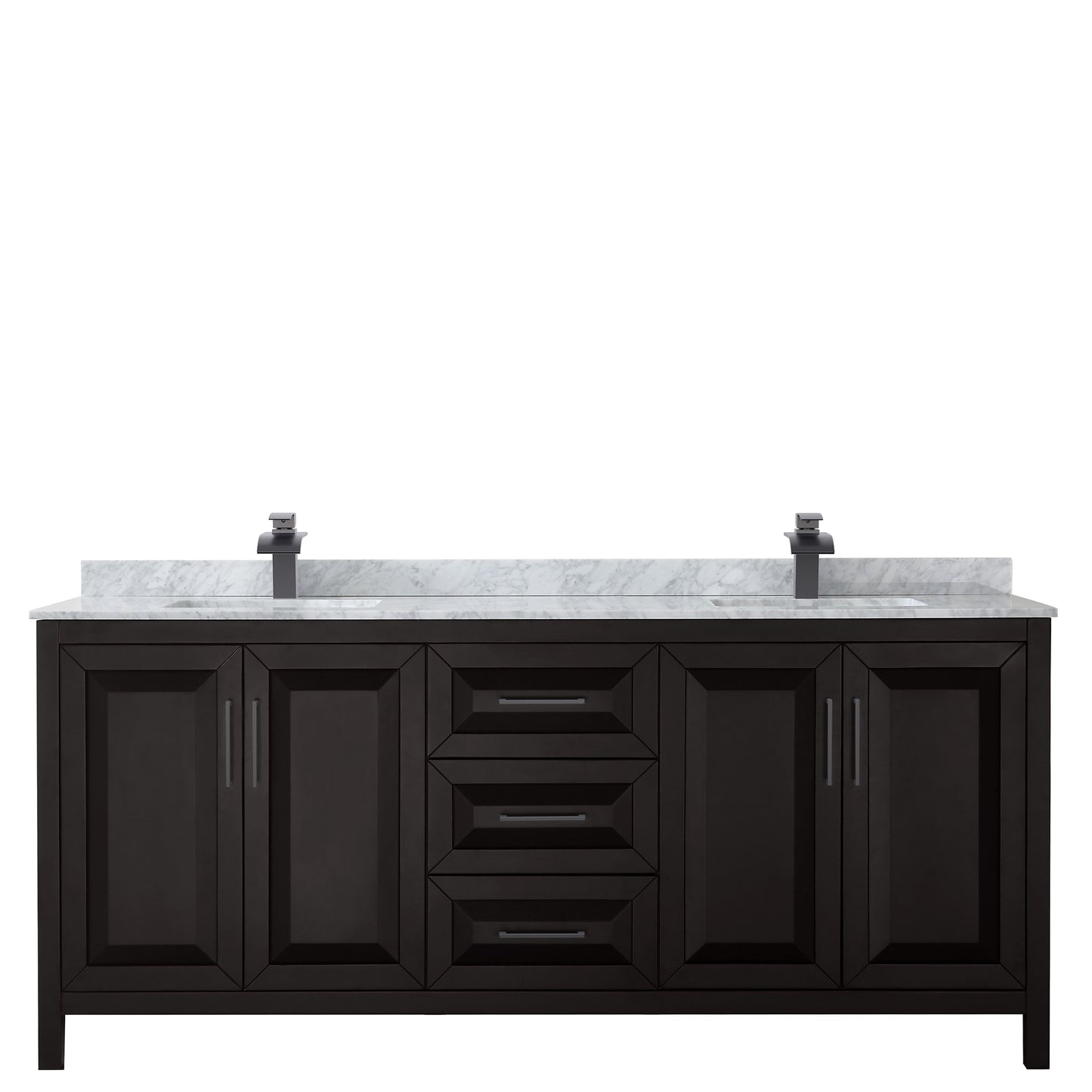 Wyndham Daria 80 Inch Double Bathroom Vanity White Carrara Marble Countertop with Undermount Square Sinks in Matte Black Trim - Luxe Bathroom Vanities