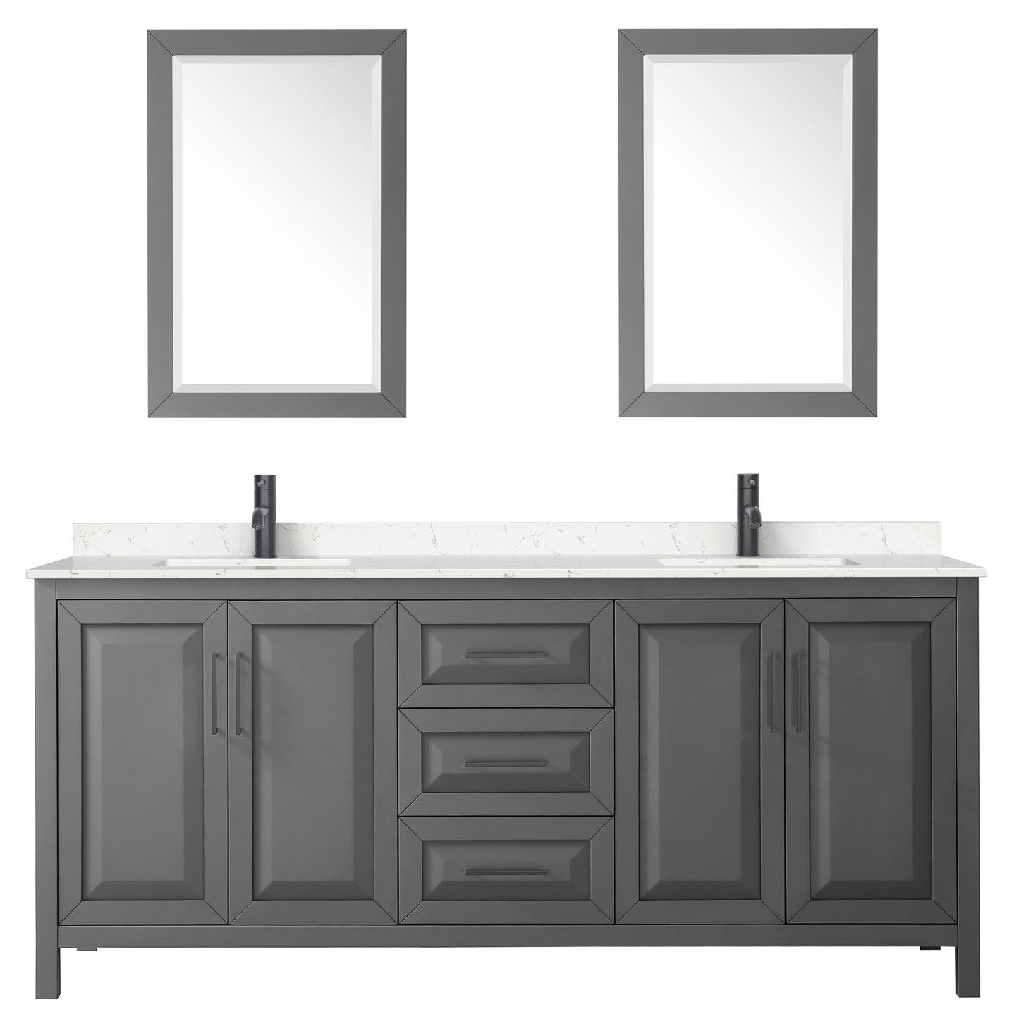 Wyndham Daria 80 Inch Double Bathroom Vanity Light-Vein Carrara Cultured Marble Countertop, Undermount Square Sinks in Matte Black Trim with 24 Inch Mirrors - Luxe Bathroom Vanities