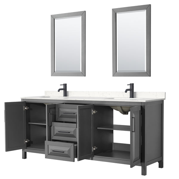 Wyndham Daria 80 Inch Double Bathroom Vanity Light-Vein Carrara Cultured Marble Countertop, Undermount Square Sinks in Matte Black Trim with 24 Inch Mirrors - Luxe Bathroom Vanities