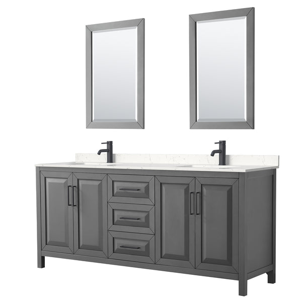 Wyndham Daria 80 Inch Double Bathroom Vanity Light-Vein Carrara Cultured Marble Countertop, Undermount Square Sinks in Matte Black Trim with 24 Inch Mirrors - Luxe Bathroom Vanities