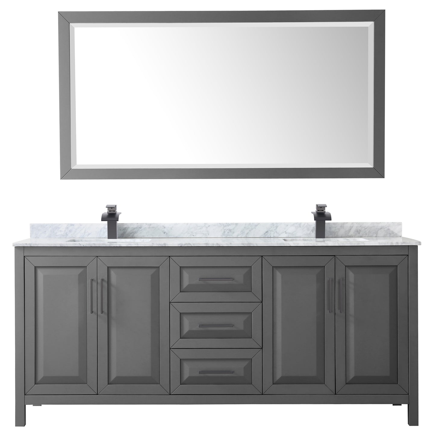 Wyndham Daria 80 Inch Double Bathroom Vanity White Carrara Marble Countertop, Undermount Square Sinks in Matte Black Trim with 70 Inch Mirror - Luxe Bathroom Vanities