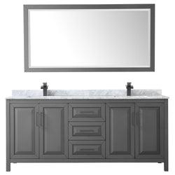 Wyndham Daria 80 Inch Double Bathroom Vanity White Carrara Marble Countertop, Undermount Square Sinks in Matte Black Trim with 70 Inch Mirror - Luxe Bathroom Vanities