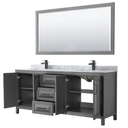 Wyndham Daria 80 Inch Double Bathroom Vanity White Carrara Marble Countertop, Undermount Square Sinks in Matte Black Trim with 70 Inch Mirror - Luxe Bathroom Vanities