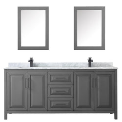Wyndham Daria 80 Inch Double Bathroom Vanity White Carrara Marble Countertop, Undermount Square Sinks in Matte Black Trim with Medicine Cabinets - Luxe Bathroom Vanities