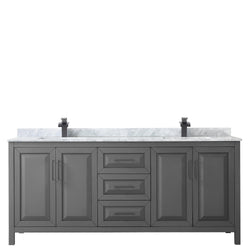 Wyndham Daria 80 Inch Double Bathroom Vanity White Carrara Marble Countertop with Undermount Square Sinks in Matte Black Trim - Luxe Bathroom Vanities