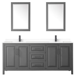Wyndham Daria 80 Inch Double Bathroom Vanity White Cultured Marble Countertop, Undermount Square Sinks in Matte Black Trim with 24 Inch Mirrors - Luxe Bathroom Vanities