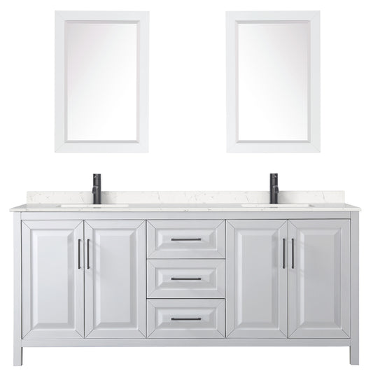 Wyndham Daria 80 Inch Double Bathroom Vanity Light-Vein Carrara Cultured Marble Countertop, Undermount Square Sinks in Matte Black Trim with 24 Inch Mirrors - Luxe Bathroom Vanities