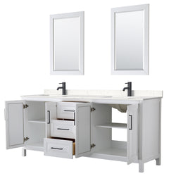 Wyndham Daria 80 Inch Double Bathroom Vanity Light-Vein Carrara Cultured Marble Countertop, Undermount Square Sinks in Matte Black Trim with 24 Inch Mirrors - Luxe Bathroom Vanities