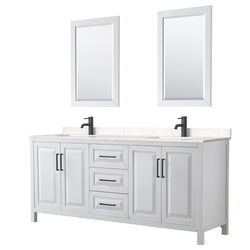 Wyndham Daria 80 Inch Double Bathroom Vanity Light-Vein Carrara Cultured Marble Countertop, Undermount Square Sinks in Matte Black Trim with 24 Inch Mirrors - Luxe Bathroom Vanities