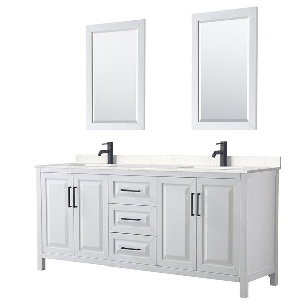 Wyndham Daria 80 Inch Double Bathroom Vanity Light-Vein Carrara Cultured Marble Countertop, Undermount Square Sinks in Matte Black Trim with 24 Inch Mirrors - Luxe Bathroom Vanities