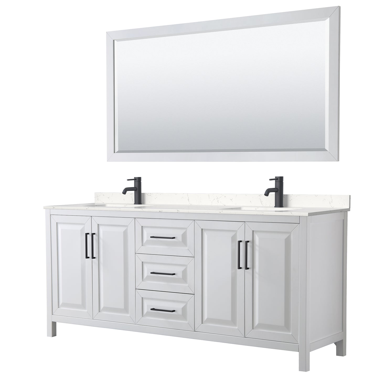 Wyndham Daria 80 Inch Double Bathroom Vanity Light-Vein Carrara Cultured Marble Countertop, Undermount Square Sinks in Matte Black Trim with 70 Inch Mirror - Luxe Bathroom Vanities