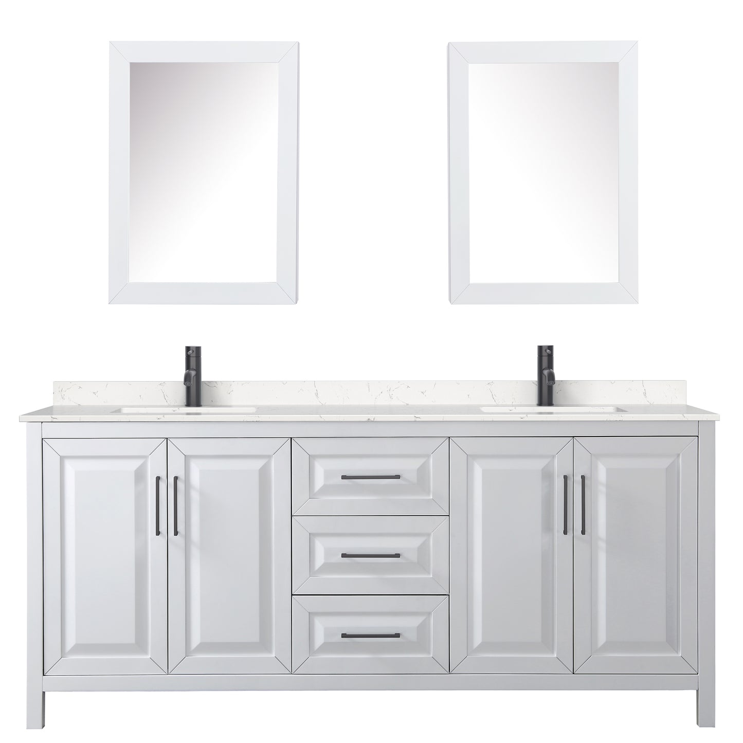 Wyndham Daria 80 Inch Double Bathroom Vanity Light-Vein Carrara Cultured Marble Countertop, Undermount Square Sinks in Matte Black Trim with Medicine Cabinets - Luxe Bathroom Vanities