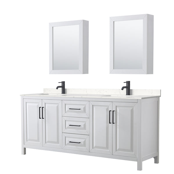 Wyndham Daria 80 Inch Double Bathroom Vanity Light-Vein Carrara Cultured Marble Countertop, Undermount Square Sinks in Matte Black Trim with Medicine Cabinets - Luxe Bathroom Vanities