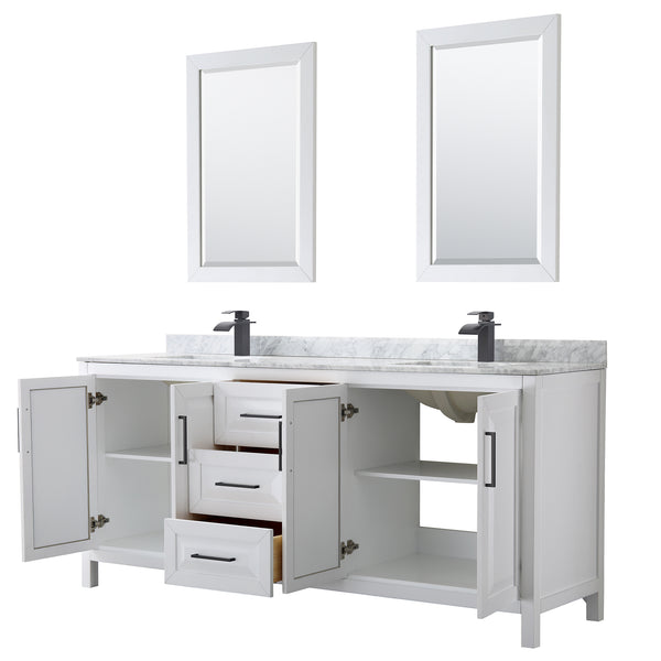 Wyndham Daria 80 Inch Double Bathroom Vanity White Carrara Marble Countertop, Undermount Square Sinks in Matte Black Trim with 24 Inch Mirrors - Luxe Bathroom Vanities