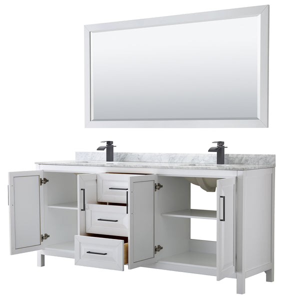 Wyndham Daria 80 Inch Double Bathroom Vanity White Carrara Marble Countertop, Undermount Square Sinks in Matte Black Trim with 70 Inch Mirror - Luxe Bathroom Vanities