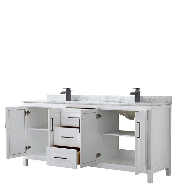 Wyndham Daria 80 Inch Double Bathroom Vanity White Carrara Marble Countertop with Undermount Square Sinks in Matte Black Trim - Luxe Bathroom Vanities