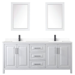 Wyndham Daria 80 Inch Double Bathroom Vanity White Cultured Marble Countertop, Undermount Square Sinks in Matte Black Trim with 24 Inch Mirrors - Luxe Bathroom Vanities