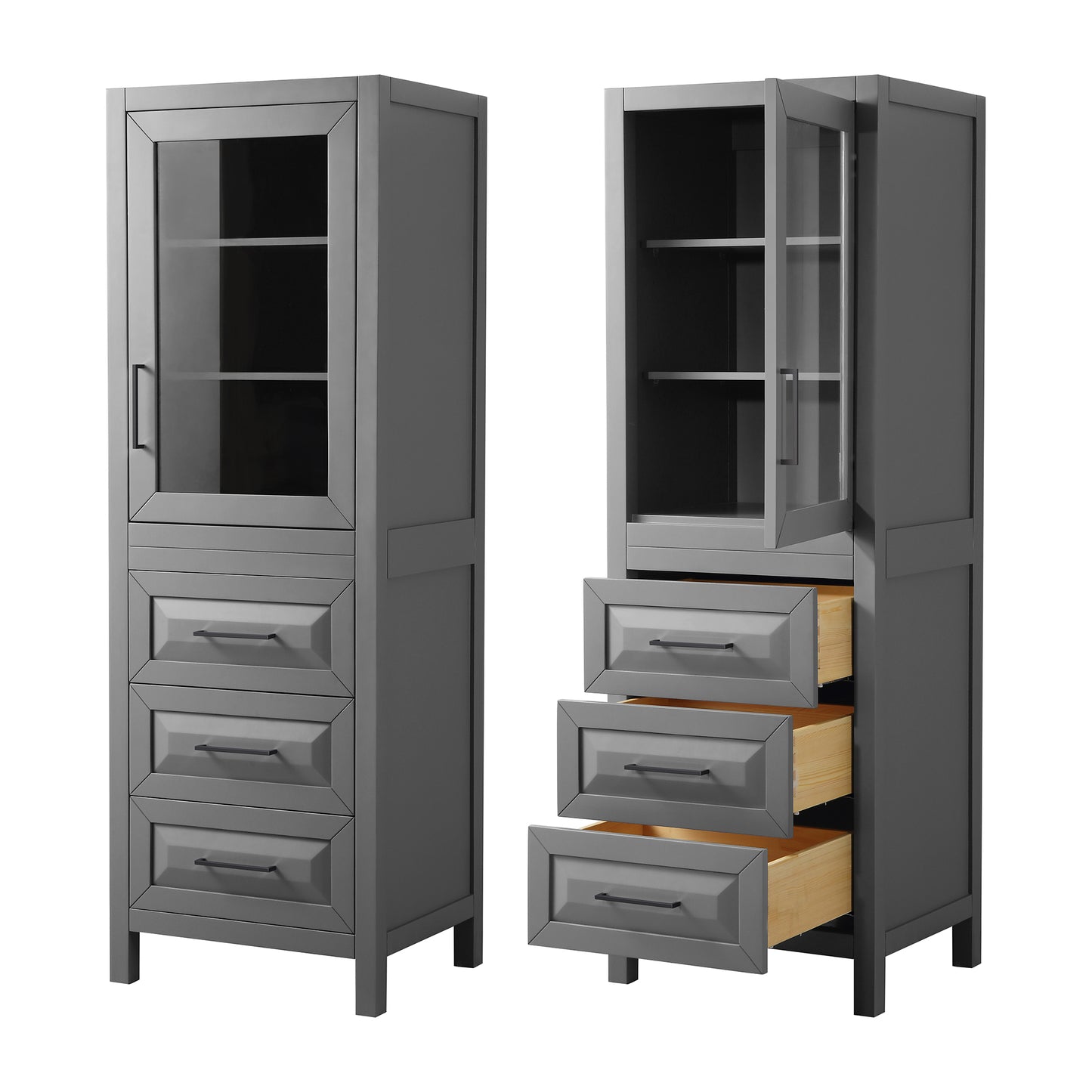 Wyndham Daria Linen Tower with Shelved Cabinet Storage and 3 Drawers in Matte Black Trim - Luxe Bathroom Vanities