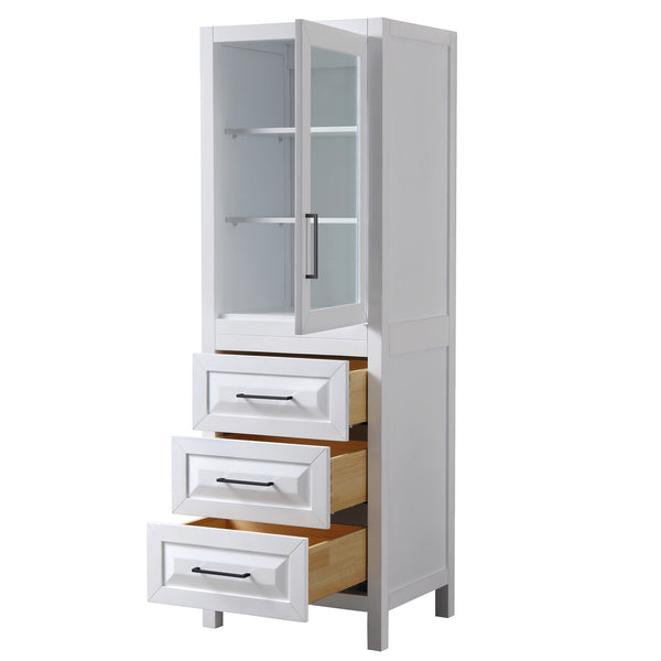 Wyndham Daria Linen Tower with Shelved Cabinet Storage and 3 Drawers in White - Luxe Bathroom Vanities