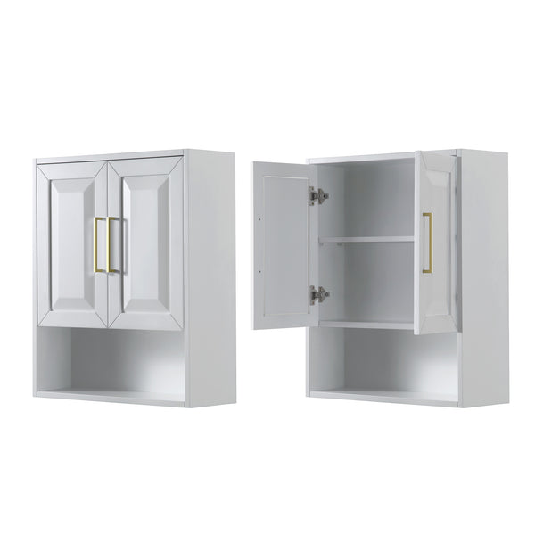 Wyndham Daria Over-the-Toilet Bathroom Wall-Mounted Storage Cabinet in White with Brushed Gold Trim - Luxe Bathroom Vanities