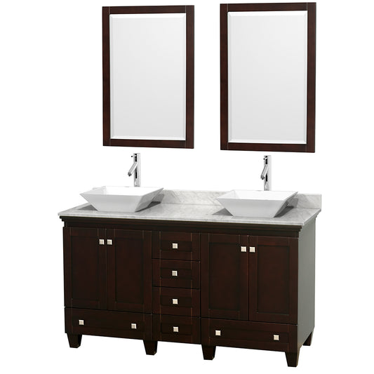 60 inch Double Bathroom Vanity in Espresso, White Carrara Marble Countertop, Pyra White Sinks, and 24 inch Mirrors - Luxe Bathroom Vanities Luxury Bathroom Fixtures Bathroom Furniture