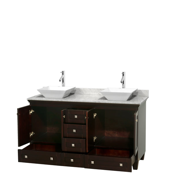 60 inch Double Bathroom Vanity in Espresso, White Carrara Marble Countertop, Pyra White Sinks, and No Mirrors - Luxe Bathroom Vanities Luxury Bathroom Fixtures Bathroom Furniture