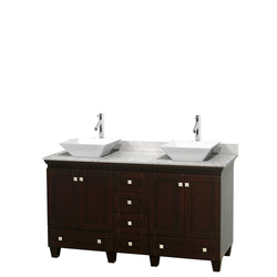 60 inch Double Bathroom Vanity in Espresso, White Carrara Marble Countertop, Pyra White Sinks, and No Mirrors - Luxe Bathroom Vanities Luxury Bathroom Fixtures Bathroom Furniture