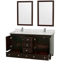 60 inch Double Bathroom Vanity in Espresso, White Carrara Marble Countertop, Undermount Square Sinks, and 24 inch Mirrors - Luxe Bathroom Vanities Luxury Bathroom Fixtures Bathroom Furniture