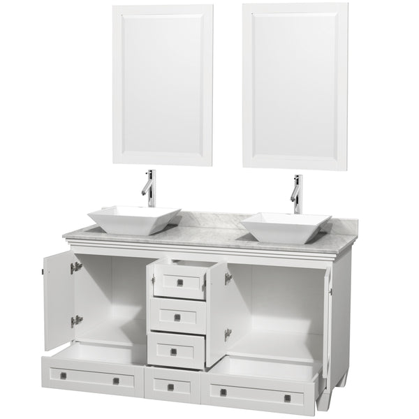 60 inch Double Bathroom Vanity in White, White Carrara Marble Countertop, Pyra White Sinks, and 24 inch Mirrors - Luxe Bathroom Vanities Luxury Bathroom Fixtures Bathroom Furniture