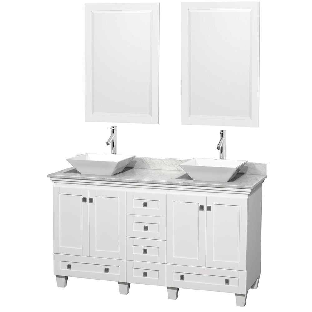 60 inch Double Bathroom Vanity in White, White Carrara Marble Countertop, Pyra White Sinks, and 24 inch Mirrors - Luxe Bathroom Vanities Luxury Bathroom Fixtures Bathroom Furniture