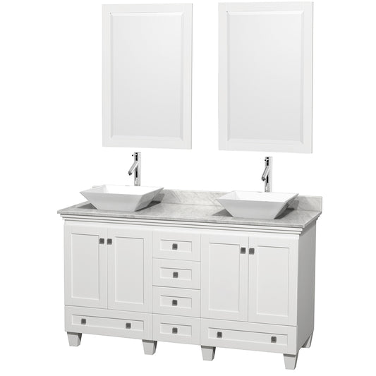 60 inch Double Bathroom Vanity in White, White Carrara Marble Countertop, Pyra White Sinks, and 24 inch Mirrors - Luxe Bathroom Vanities Luxury Bathroom Fixtures Bathroom Furniture