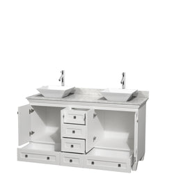 60 inch Double Bathroom Vanity in White, White Carrara Marble Countertop, Pyra White Sinks, and No Mirrors - Luxe Bathroom Vanities Luxury Bathroom Fixtures Bathroom Furniture