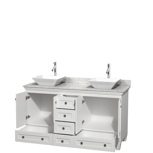 60 inch Double Bathroom Vanity in White, White Carrara Marble Countertop, Pyra White Sinks, and No Mirrors - Luxe Bathroom Vanities Luxury Bathroom Fixtures Bathroom Furniture