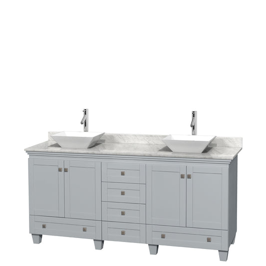 72 inch Double Bathroom Vanity in Oyster Gray, White Carrara Marble Countertop, Pyra White Porcelain Sinks, and No Mirrors - Luxe Bathroom Vanities Luxury Bathroom Fixtures Bathroom Furniture