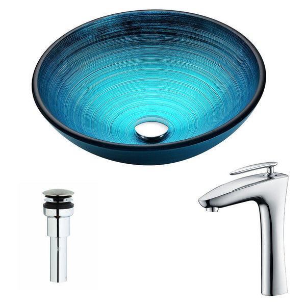 Enti Series Deco-Glass Vessel Sink in Lustrous Blue with Crown Faucet in Polished Chrome - Luxe Bathroom Vanities