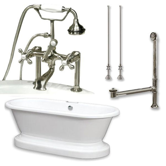 Acrylic Double Ended Pedestal Bathtub 70" X 30" with 7 inch Deck Mount Faucet Drillings and Complete Brushed Nickel Plumbing Package - Luxe Bathroom Vanities