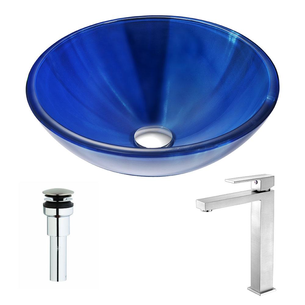 Meno Series Deco-Glass Vessel Sink in Lustrous Blue with Enti Faucet - Luxe Bathroom Vanities