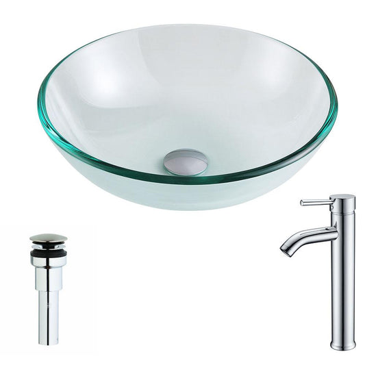 Etude Series Deco-Glass Vessel Sink in Lustrous Clear with Fann Faucet in Chrome - Luxe Bathroom Vanities
