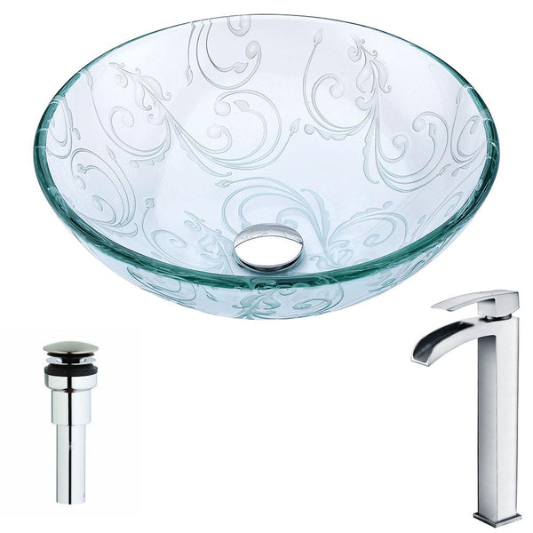Vieno Series Deco-Glass Vessel Sink in Crystal Clear Floral with Key Faucet - Luxe Bathroom Vanities